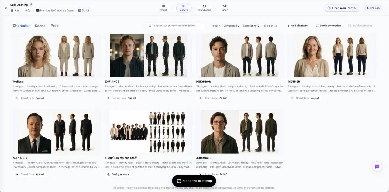 Espace des personnages de Soft Opening avec portraits, vues de référence en pied et commandes vocales.